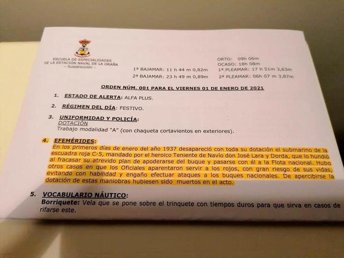 Orden del día de la Escuela Naval de A Graña con términos como “rojos” y “nacionales”