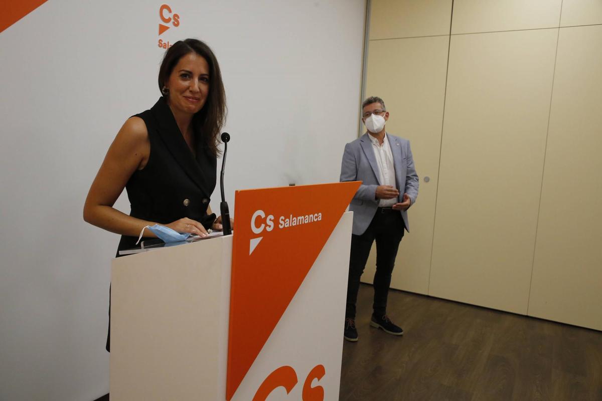 María Montero en una comparencia en la sede de Ciudadanos.