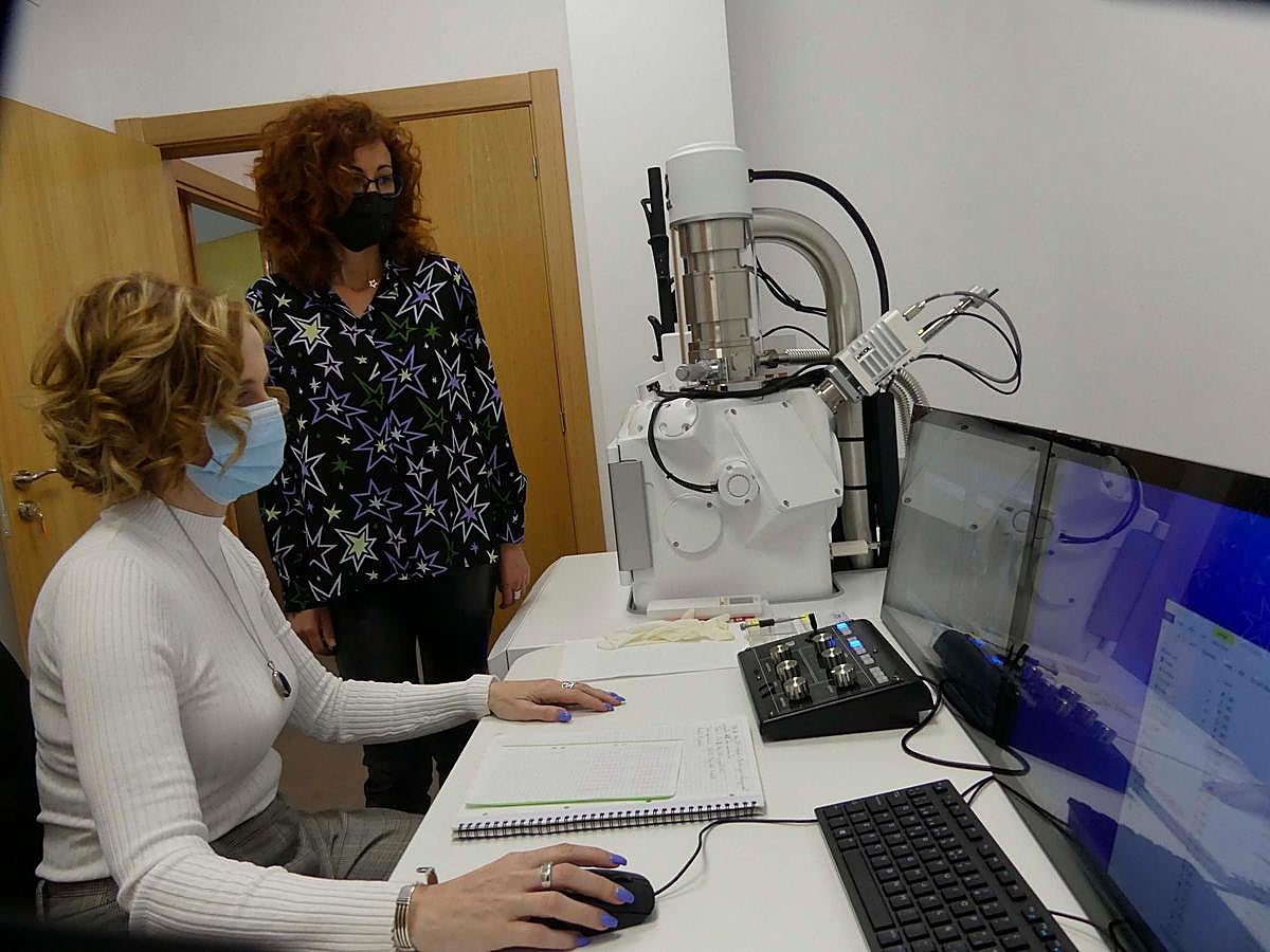 La responsable del servicio Marta Ortiz maneja el microscopio de barrido junto a Conchi Lillo (de pie). | GUZÓN