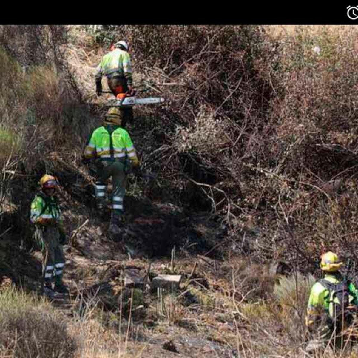 Cuadrilla de Bomberos Forestales de Guadramiro trabajando en control de incendio forestal.