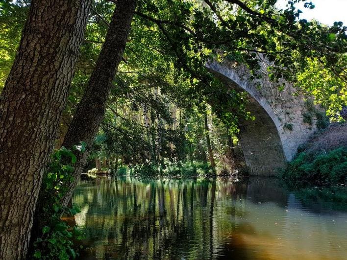 Un puente medieval ‘enmarca’ el paso del río en la piscina natural de Montemayor del Río.