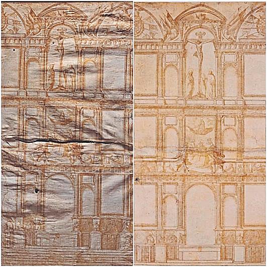 El documento con el boceto del retablo antes y después de ser restaurado