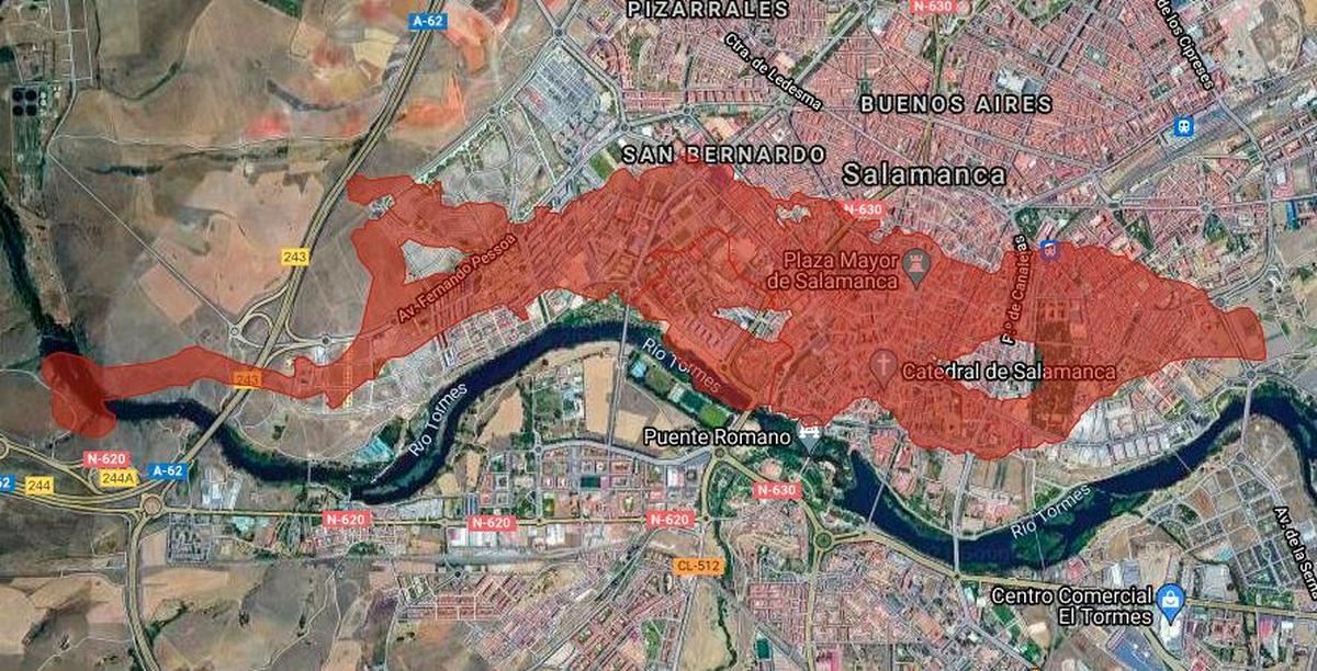 Superficie que ocuparía en Salamanca la lava del volcán de La Palma
