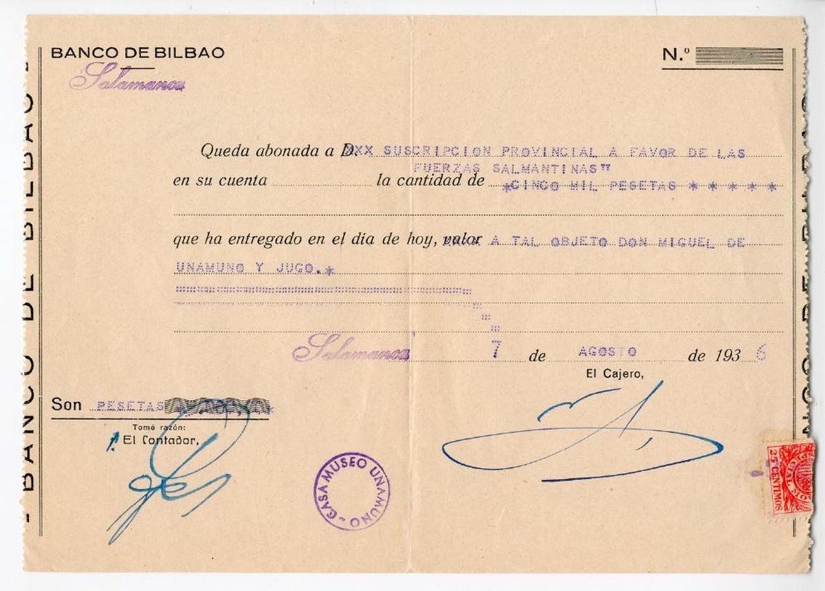 El recibo, con fecha de 7 de agosto de 1936.
