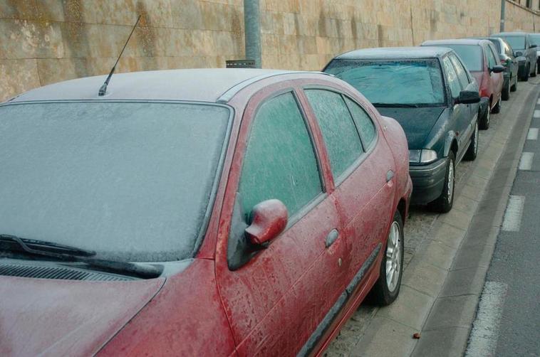 Varios coches con las lunas heladas por el frío.