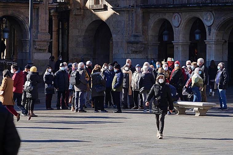Un grupo de turistas en la Plaza Mayor durante una visita guiada.