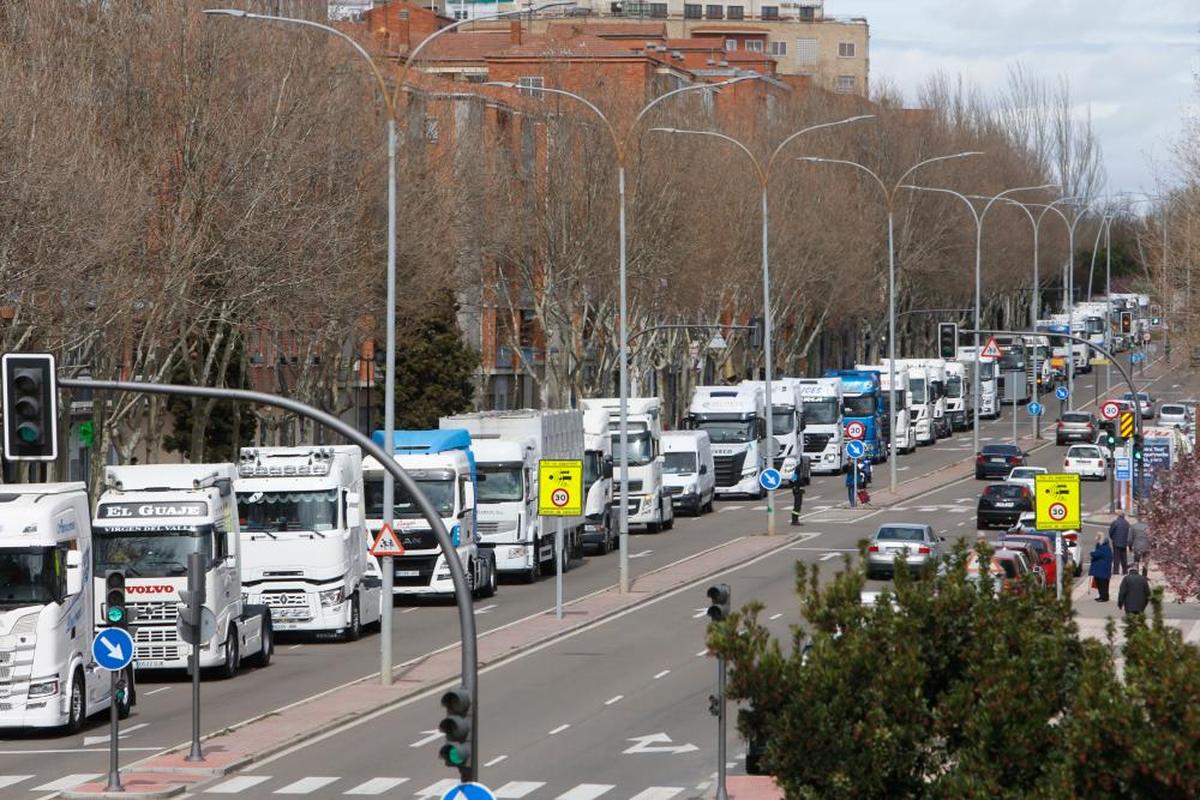 Parte de la caravana de camiones que el miércoles recorrió la ciudad de Salamanca para reivindicar mejoras en el sector y la bajada del precio de los combustibles.