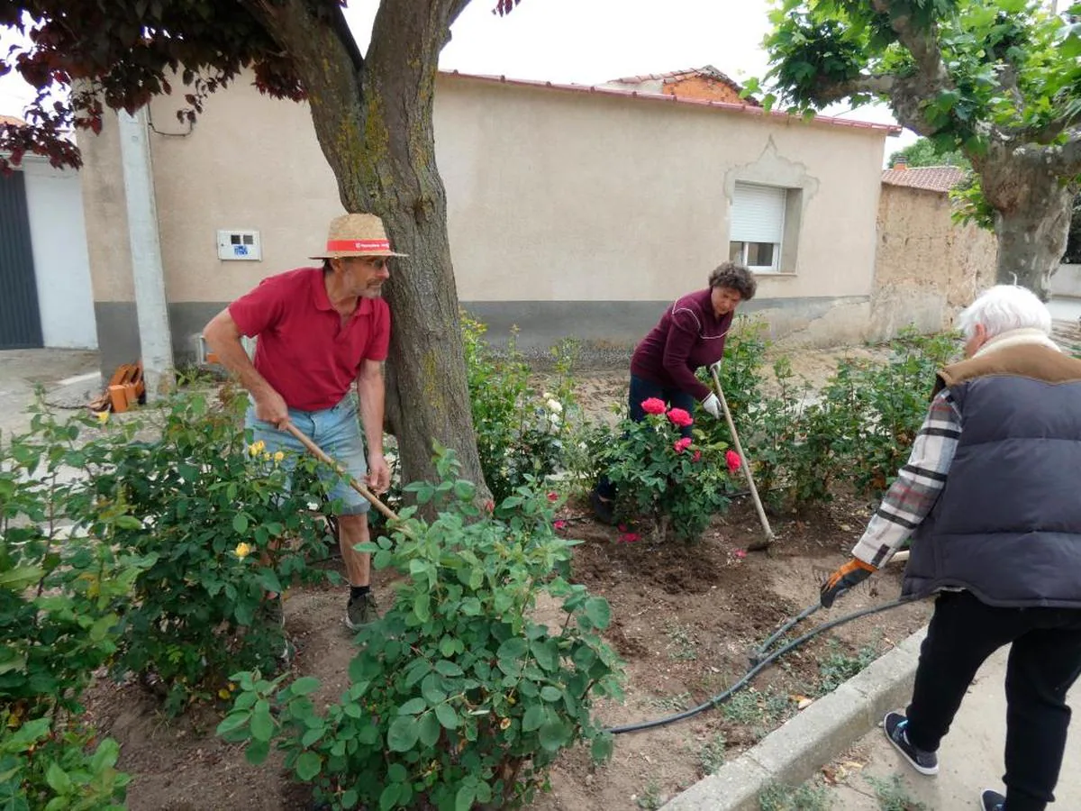 Nina, Lyuba y Zoya trabajando en los jardines de El Pedroso de la Armuña.