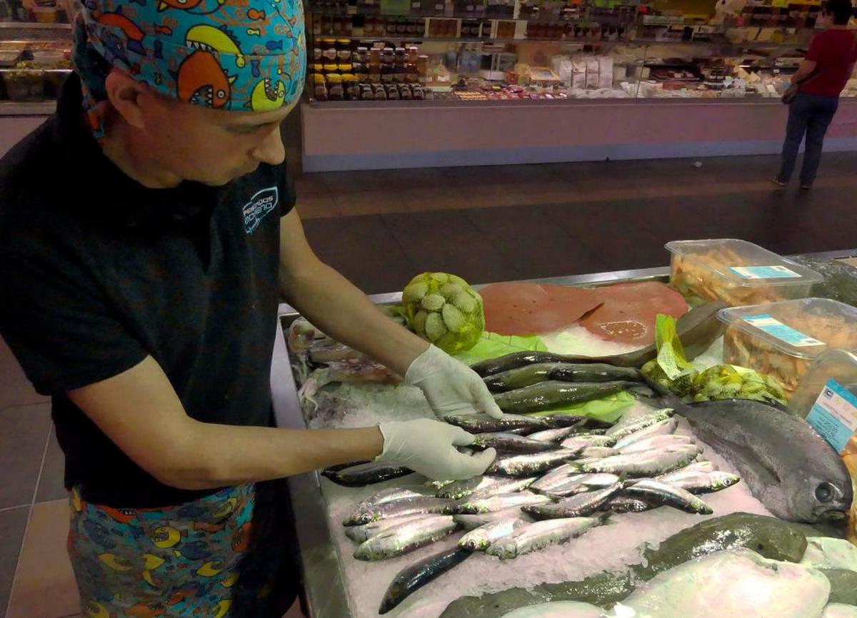 Javier coloca sardinas frescas en su pescadería.