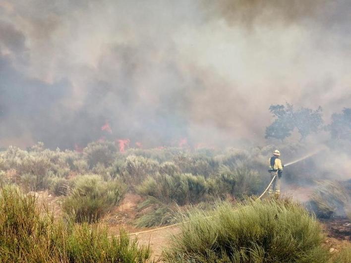 Un bombero apaga el fuego en El Manzano.