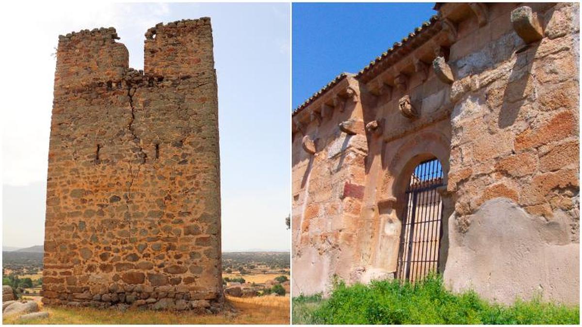 Torreón de la localidad de Santibáñez de Béjar e iglesia románica de Santibáñez del Río.