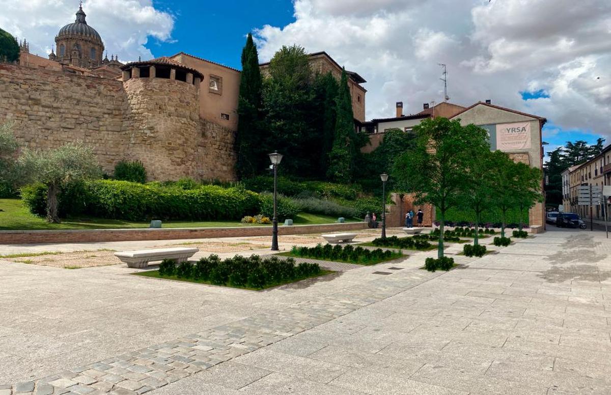 La recreación de los futuros parterres drenantes junto a la Puerta de San Pablo para evitar inundaciones en caso de tormenta.