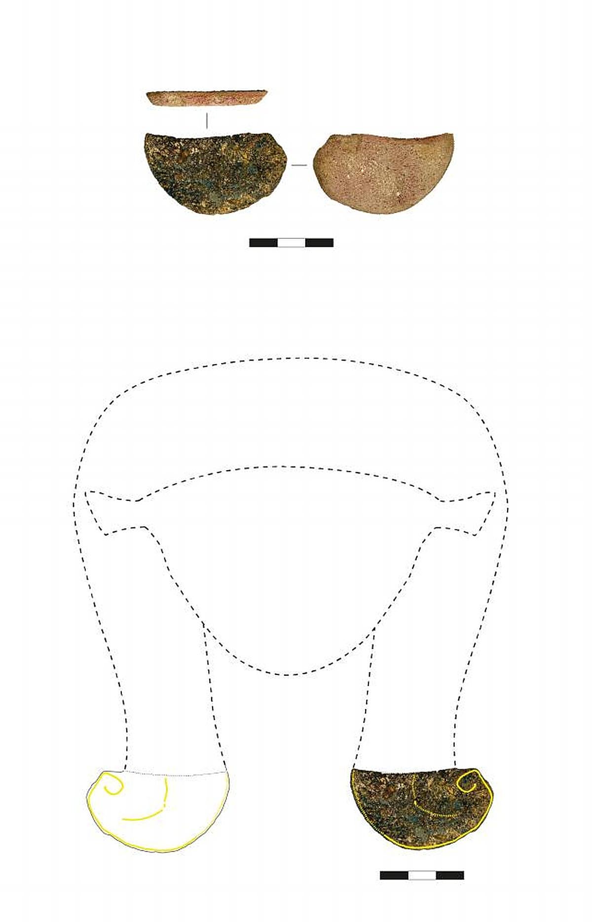 Diferentes vistas de la pieza encontrada y su encaje en el retrato de Hathor.