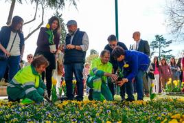 La concejalas Fresnadillo y Rodríguez, plantando tulipanes por el párkinson