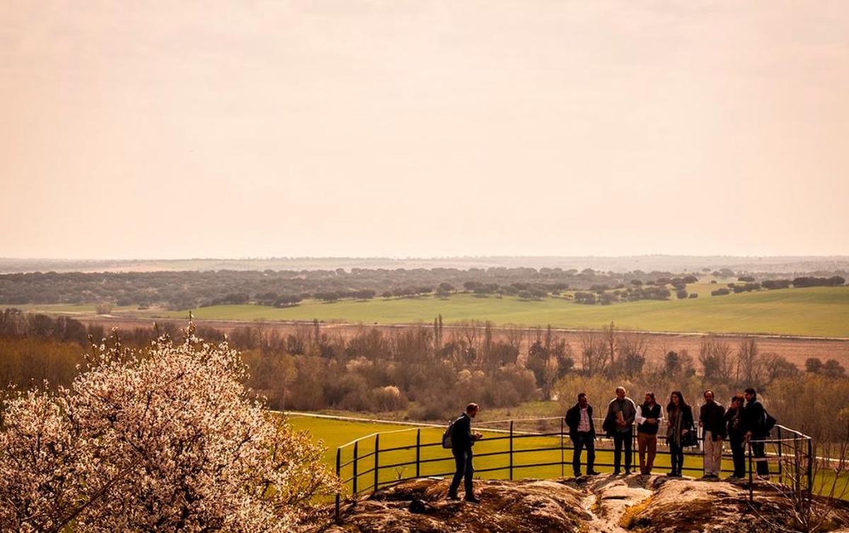 Visitantes en el mirador de la Peña del Castillo con la comarca al fondo.