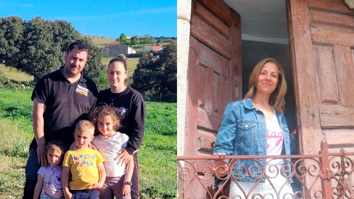 A la izquierda, Javier y Noelia junto a sus tres hijos, Triana, Gonzalo y Emma en Cespedosa. A la derecha, Soraya, en la puerta de la casa que acaba de comprar y va a reformar en Candelario