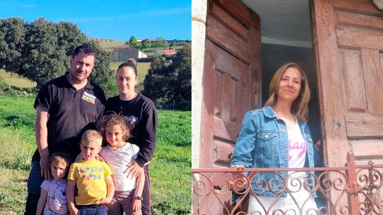 A la izquierda, Javier y Noelia junto a sus tres hijos, Triana, Gonzalo y Emma en Cespedosa. A la derecha, Soraya, en la puerta de la casa que acaba de comprar y va a reformar en Candelario