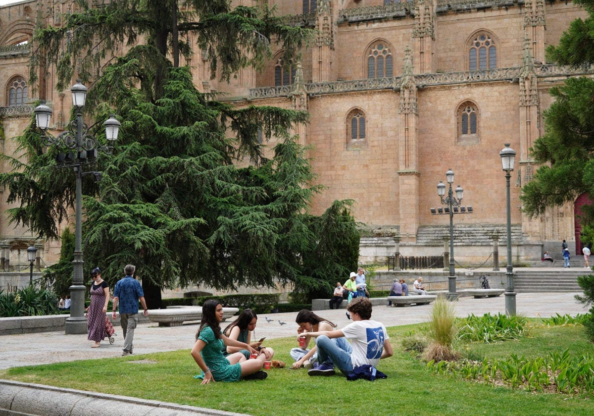 Gente en el césped junto a la Catedral de Salamanca