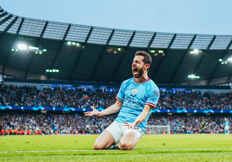 Bernardo Silva celebra uno de sus goles al Real Madrid.