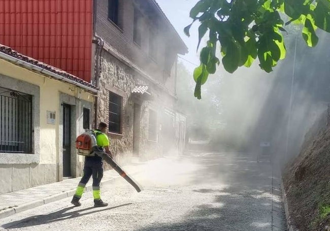 Operario del Ayuntamiento limpiando la calle Cañada de merinas.