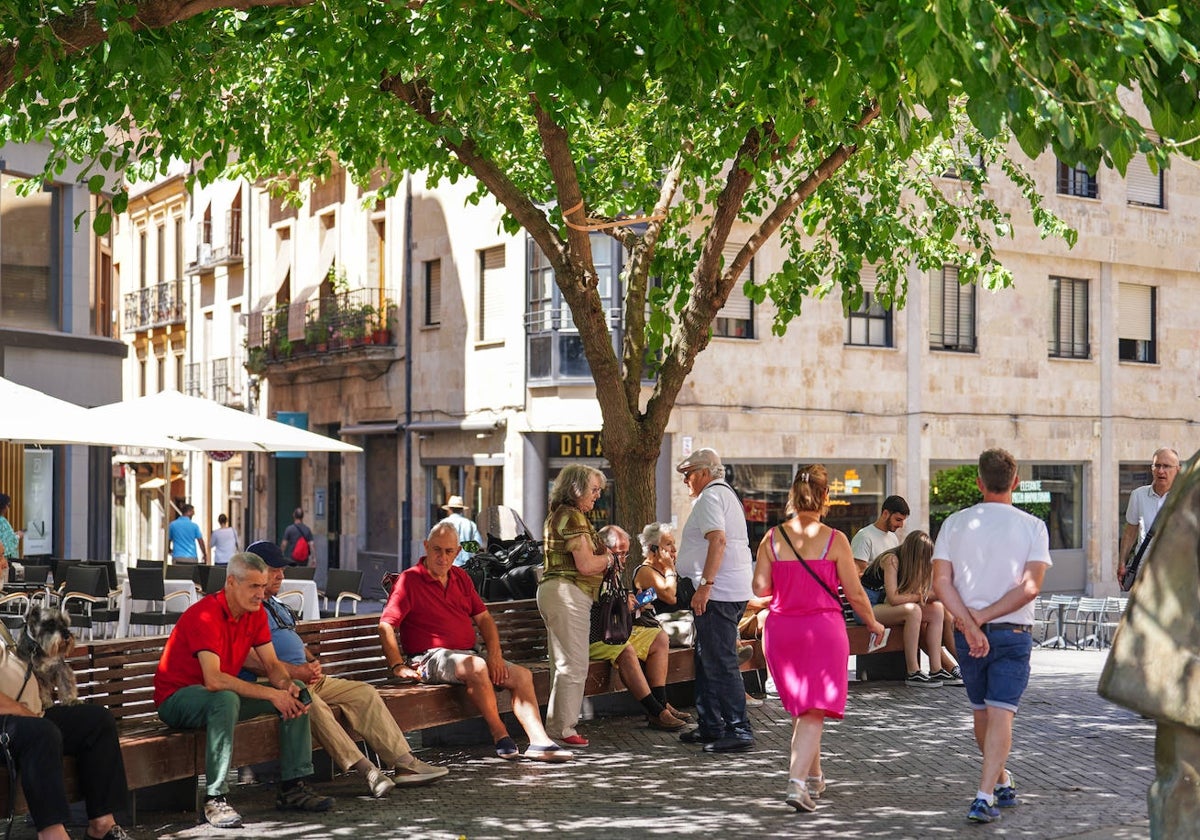 Varias personas disfrutan de un poco de sombra en la Plaza del Corrillo para combatir las altas temperaturas.