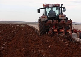 Un agricultor realiza con su tractor labores en la tierra.