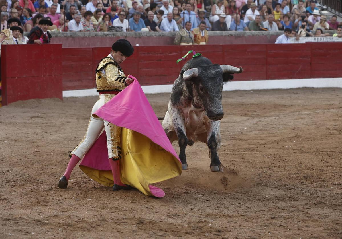 Lance a la verónica de Damián Castaño al toro de Miura que hizo sexto que finalmente fue devuelto a los corrales por inválido.