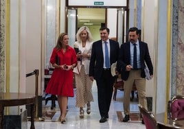 La secretaria cuarta, Carmen Navarro, la vicepresidenta cuarta, Marta González Vázquez, el vicepresidente segundo, José Antonio Bermúdez y el secretario tercero de la Mesa del Congreso, Guillermo Mariscal, a su llegada a una reunión de la Mesa del Congreso de los Diputados.