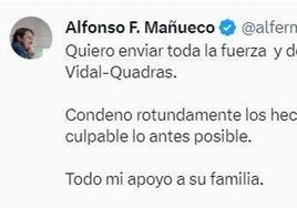 Mensaje de Alfonso Fernández Mañueco en el que condena el ataque con arma de fuego a Alejo Vidal-Quadras.