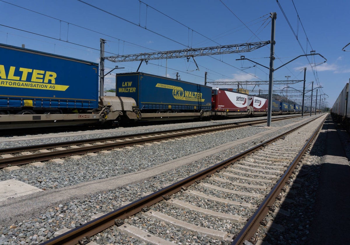 Un tren cargado de tráileres y semirremolques, por una autopista ferroviaria.