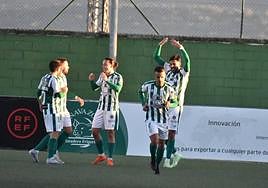 Los jugadores del Guijuelo celebran el autogol del Fabril que les dio el triunfo.