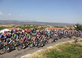 El pelotón de ciclistas a su paso por Sanchotello en la sexta etapa de La Vuelta de 2013, que tuvo su inicio en Guijuelo.