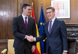 Pedro Sánchez y Alberto Núñez Feijóo se saludan durante una reunión.