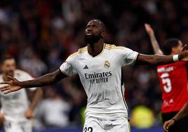 Rüdiger celebra su gol al Mallorca.