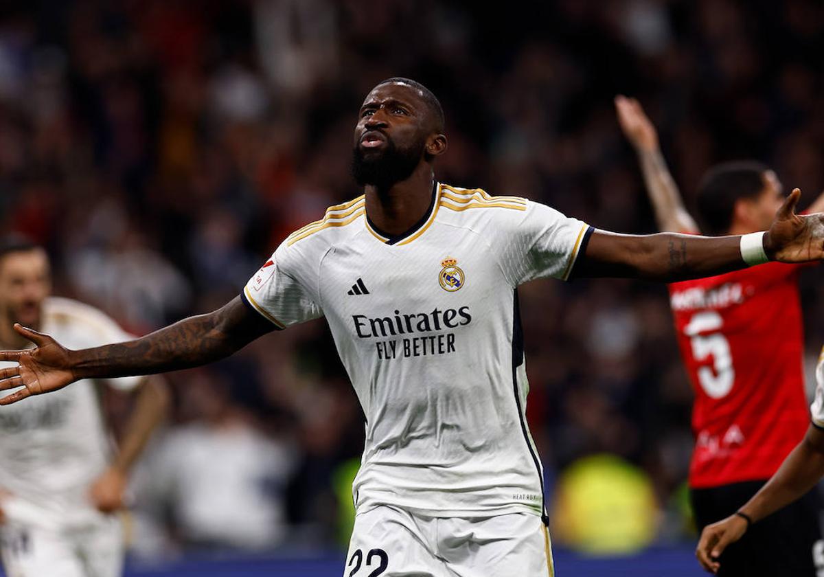 Rüdiger celebra su gol al Mallorca.