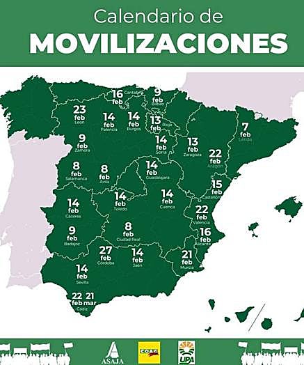 Mapa de protestas convocadsas por ASAJA a lo largo del país