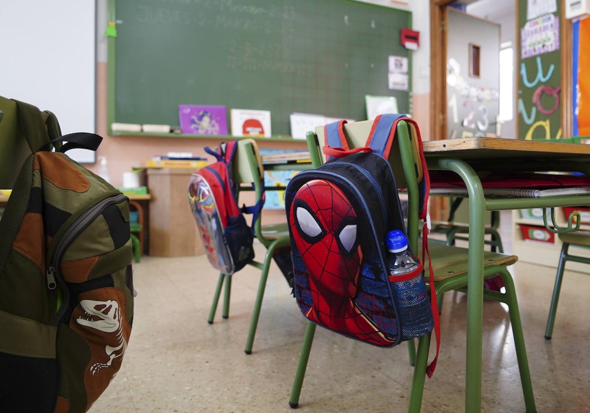 Mochilas colgados en las sillas de un aula.