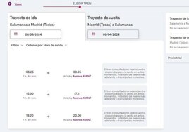 Captura de la web de Renfe en la que se ve que la venta de billetes a Madrid está bloqueada.