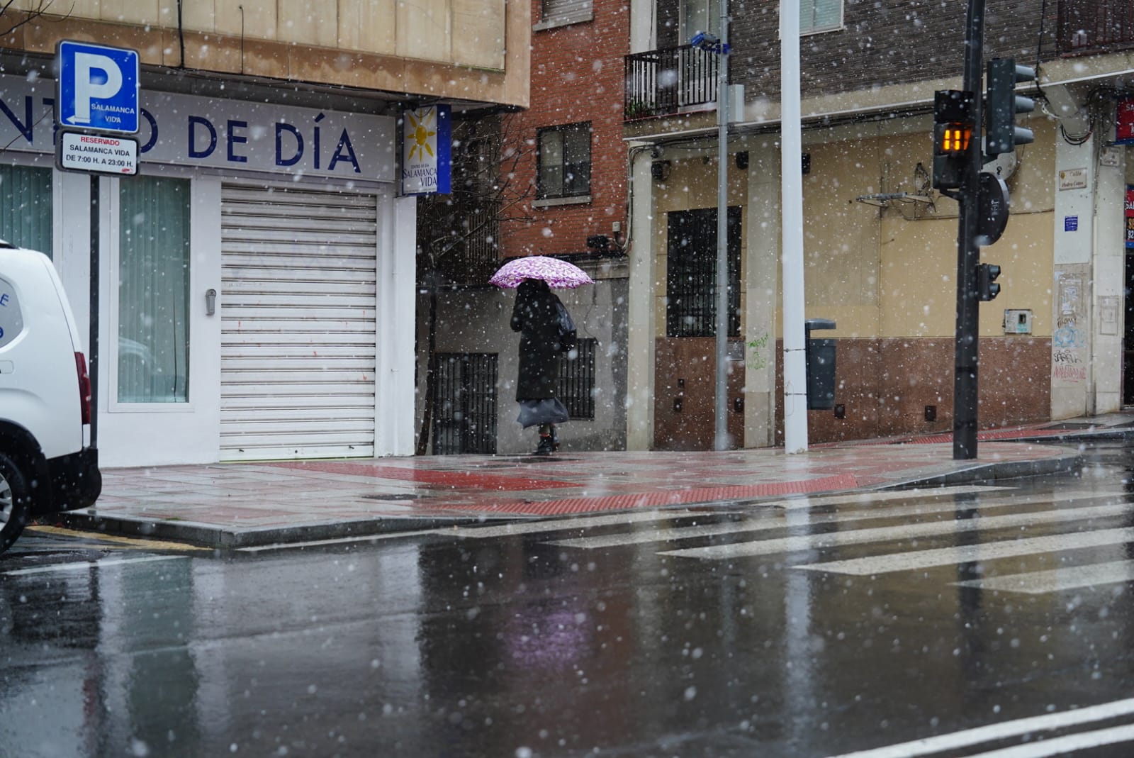 Llega la nieve a una Salamanca en alerta por fuertes vientos