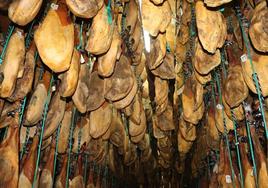 Bodega de una industria cárnica de Guijuelo con piezas de precinto negro.