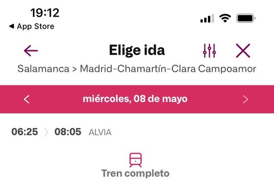 Captura de pantalla de la app de Renfe, donde todos los Alvia figuran como completos.