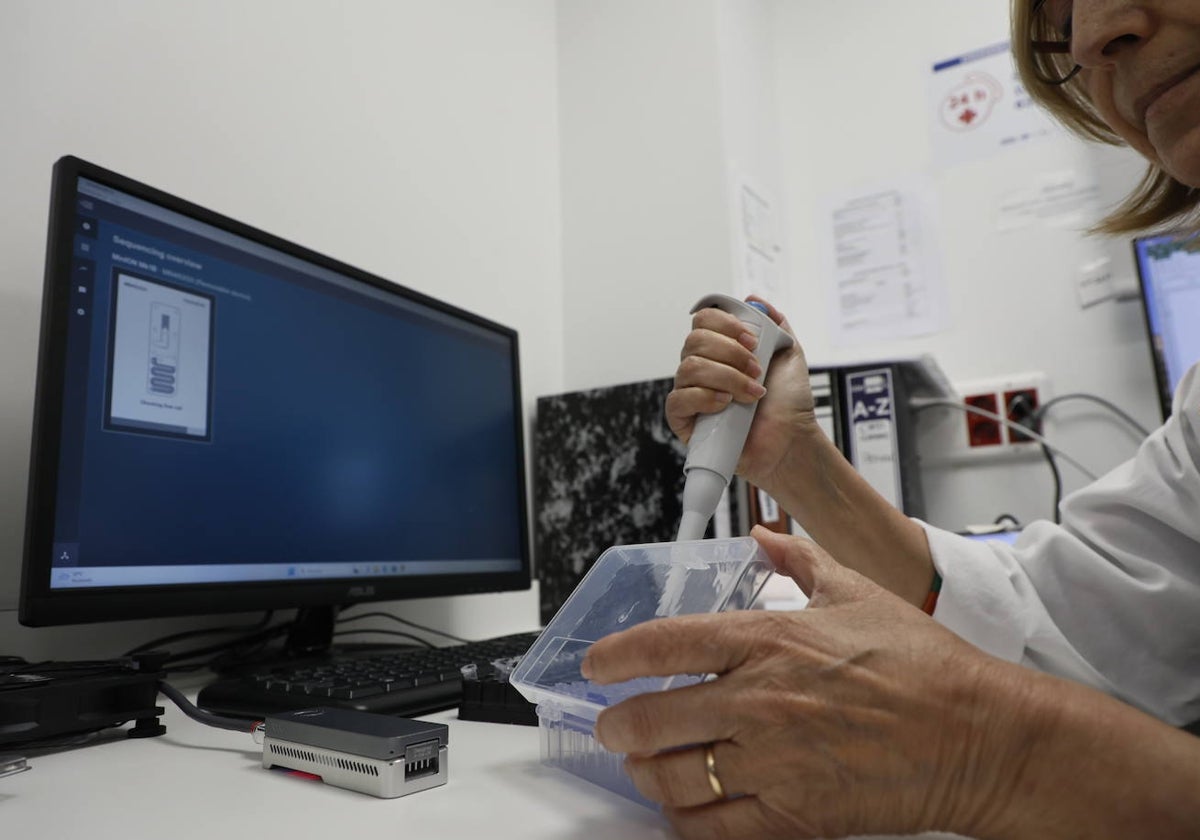 La microbióloga María Inmaculada García utiliza el secuenciador de bacterias.