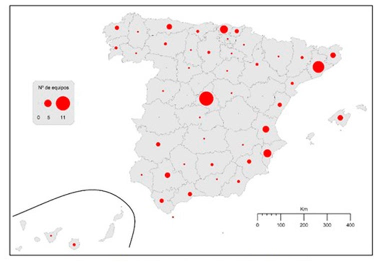 Número de equipos por provincia a lo largo de las temporadas 1959-1960/2019-2020.