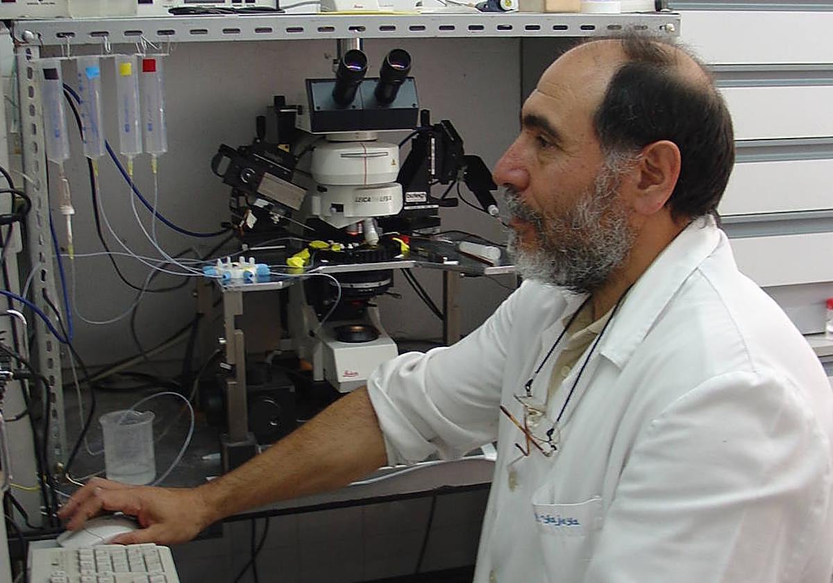 Javier Yajeya prepara la observación a través del microscopio.