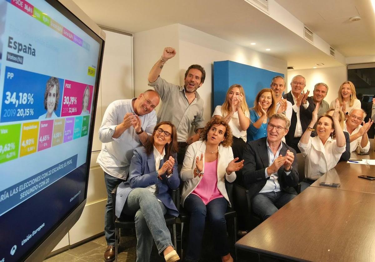 Núñez Feijóo junto a Dolors Monteserrat y el resto del equipo del PP celebran la victoria.