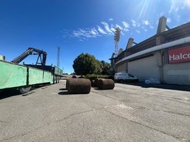 Los siete rollos de tepes con los que se rematará el césped del Helmántico, a a las puertas del estadio este viernes.