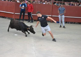 Uno de los mozos recorta a la vaquilla