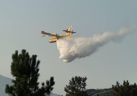 Un hidroavión intenta sofocar un fuego.