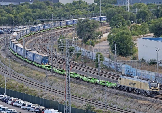 Autopista ferroviaria por la que circula un tren cargado de semirremolques.