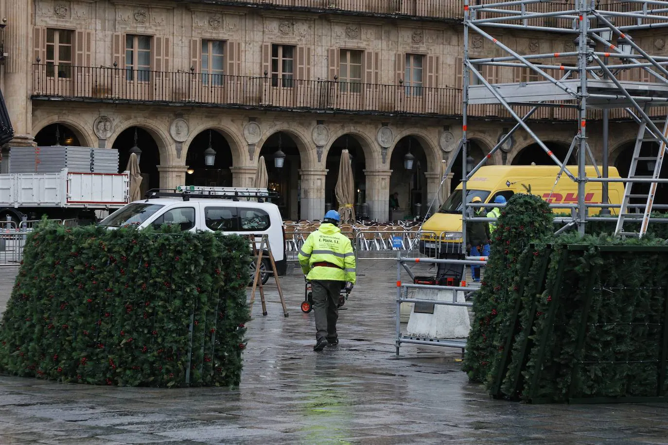 El árbol navideño va tomando forma en la Plaza Mayor